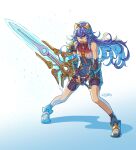  armor blue_gloves blue_hair english_commentary falchion_(fire_emblem) fingerless_gloves fire_emblem fire_emblem_awakening gloves lucina_(fire_emblem) monado open_mouth suneiaaa sword weapon xenoblade_chronicles_(series) 