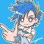  1boy blue_background blue_choker blue_eyes blue_hair bright_pupils choker closed_mouth collared_shirt cure_lock dancing_star_precure hair_ornament hand_on_own_arm highres index_finger_raised magical_boy male_focus mayena natsume_hayato precure shirt signature simple_background smile solo spiked_hair star_bracelet vest white_pupils wrist_cuffs 