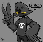 anthro avian beak bird black_body bone bottomwear clothing corvid corvus_(genus) crow feathers gesture grey_background hand_gesture male oscine pants passerine shirt simple_background skull skull_head smile solo spanish_text text thedeathcrow05 topwear v_sign wings