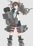  1girl adapted_turret anti-aircraft_gun black_socks blue_skirt brown_eyes brown_hair cannon full_body grey_background hayashi_naoharu highres kantai_collection low_twintails mast miniskirt pleated_skirt rigging school_uniform serafuku shirayuki_(kancolle) short_hair short_sleeves short_twintails skirt smokestack socks solo standing thigh_strap torpedo_launcher twintails 