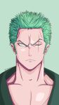  1boy artist_name astorblue closed_mouth collarbone commentary english_commentary green_hair highres looking_at_viewer male_focus one_eye_closed one_piece roronoa_zoro scar scar_across_eye scar_on_chest scar_on_face short_hair simple_background solo twitter_username 