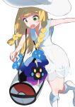  1girl :o aoi_(altea0923) bag bare_arms bare_shoulders blonde_hair boots braid cosmog dress feet_out_of_frame green_eyes hand_out_of_frame hat highres knees_together_feet_apart lillie_(pokemon) long_hair open_mouth poke_ball_symbol pokemon pokemon_sm simple_background sleeveless sleeveless_dress star_(symbol) sun_hat sundress sweatdrop tareme twin_braids white_background white_dress white_footwear 