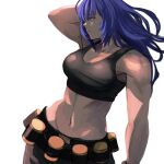  1girl 6maker ammunition_belt bare_shoulders blue_eyes blue_hair breasts hair_down hand_up highres leona_heidern midriff muscular muscular_female navel simple_background sleeveless solo tank_top the_king_of_fighters the_king_of_fighters_xiii toned white_background 