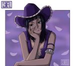  1girl armlet artist_name black_hair blunt_bangs blunt_ends clemieful cowboy_hat cross-laced_clothes cross-laced_top english_commentary hand_on_own_face hat highres light_smile looking_to_the_side medium_hair nico_robin one_piece purple_background purple_theme sleeveless solo upper_body 