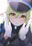  1girl black_hat blue_archive blurry commentary_request gloves green_hair hair_between_eyes hat highlander_sidelocks_conductor_(blue_archive) highres long_hair looking_at_viewer nishi_yasuaki pointy_ears simple_background solo uniform upper_body whistle white_background white_gloves yellow_eyes 