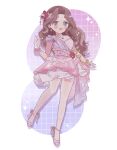  1girl :d blush bow breasts brown_hair cleavage earrings flower full_body glint green_eyes hair_flower hair_ornament highres idolmaster idolmaster_cinderella_girls idolmaster_cinderella_girls_starlight_stage jewelry kusakabe_wakaba long_hair looking_at_viewer manami_aoshika necklace pink_bow pink_scrunchie pink_skirt ribbon scrunchie simple_background skirt small_breasts smile solo sparkle yellow_ribbon 