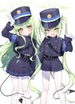  2girls absurdres armband belt black_belt black_hat black_shirt black_skirt black_tail blue_archive blue_armband blush buttons closed_mouth demon_tail double-breasted fang gloves green_hair green_halo halo hat highlander_sidelocks_conductor_(blue_archive) highlander_twintails_conductor_(blue_archive) highres ineka_ka long_hair long_sleeves looking_at_viewer miniskirt multiple_girls open_mouth pantyhose peaked_cap pleated_skirt pointy_ears shirt simple_background skin_fang skirt smile tail tail_around_own_leg twintails very_long_hair white_background white_gloves white_pantyhose yellow_eyes 