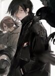  1boy 1girl bird black_bird black_hair black_jacket choujin_x crow hands_in_pockets hood hoodie ishida_sui jacket kurohara_tokio_(choujin_x) looking_at_viewer looking_to_the_side official_art otta_ely_(choujin_x) smoke smoke_trail white_background 