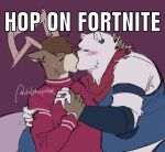 anthro armband bear blush brown_body brown_fur brown_hair brown_nose bulletproof_vest clothing deer dolph_(fortnite) dolphxpolar duo ear_piercing epic_games eyes_closed fortnite fur hair hop_on_(meme) horn kissing male male/male mammal meme piercing polar_bear polar_patroller red_clothing red_scarf red_sweater red_topwear ring scarf sweater topwear tufted_fur ursine white_body white_fur