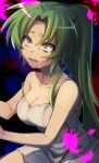  1girl bare_arms bare_shoulders black_background blood blood_splatter blue_background breasts cleavage collarbone crying crying_with_eyes_open dress furrowed_brow green_eyes green_hair high_ponytail highres higurashi_no_naku_koro_ni kneeling large_breasts long_hair looking_to_the_side medium_bangs medium_breasts no_bra ookuri3939 open_mouth parted_bangs pink_blood ponytail raised_eyebrows sad sanpaku scared sidelocks sitting sleeveless sleeveless_dress solo sonozaki_mion spaghetti_strap strap_slip tears teeth very_long_hair white_dress wide-eyed 