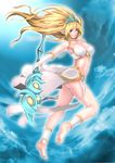  absurdres ankle_cuffs ankle_wrap arched_back armpits ass bandeau bare_shoulders barefoot blonde_hair blue_eyes breasts cleavage closed_mouth collarbone commentary_request elf feet floating_hair from_side full_body gloves highres holding holding_staff janna_windforce large_breasts league_of_legends long_hair looking_at_viewer looking_to_the_side navel no_panties pointy_ears shin_guards smile soles solo staff stomach tiara toes waist_cape white_gloves yashichii 