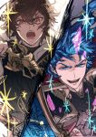  2boys ahoge alternate_hair_color angry armor blue_eyes blue_hair breastplate brown_hair commentary commentary_request crystal facing_viewer furrowed_brow granblue_fantasy grin hair_between_eyes highres holding holding_sword holding_weapon hood hood_down looking_at_viewer male_focus messy_hair multiple_boys red_eyes sandalphon_(granblue_fantasy) seofon_(granblue_fantasy) short_hair side-by-side sketch smile sparkle sword turtleneck unfinished waldtrad weapon 