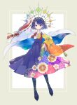  1girl absurdres alternate_costume blue_hair boots cape cross-laced_footwear floral_print_kimono floral_print_skirt full_body highres long_skirt looking_at_viewer multicolored_clothes nikorashi-ka pointing pointing_down pointing_up short_hair skirt sky_print smile solo tenkyuu_chimata touhou wide_sleeves 