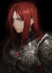  1girl absurdres armor black_background commentary elden_ring english_commentary expressionless hair_down hanneli_(hanny) hanny_(uirusu_chan) highres jewelry looking_at_viewer parted_bangs pauldrons red_eyes red_hair shoulder_armor sideways_glance simple_background solo tarnished_(elden_ring) upper_body 