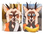 2024 absurd_res anthro banana biped black_nose blue_eyes blurred_background brown_body cayotekayou clothed clothing colored digital_media_(artwork) ears_up eyebrows female food fruit fur hair half-closed_eyes hi_res horn kayou_(cayotekayou) light lighting long_ears long_hair long_horn looking_at_viewer mammal meme narrowed_eyes orange_body panel_skew plant portrait sahash signature simple_background solo solo_focus standing tan_body teeth teeth_showing the_crown_of_leaves