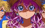  1girl earrings green_eyes hat jewelry multiple_girls non-web_source original purple_hair solo sunlight yo-co 