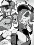  attack baseball_cap bleeding blood blush boots bra_strap dedf1sh ear_piercing eromame eyes_visible_through_eyewear fang hat headphones jelleton long_hair monochrome octoling on_floor open_mouth piercing shirt sitting splatoon_(series) splatoon_3 splatoon_3:_side_order sunglasses sweat tentacle_hair tinted_eyewear trembling 