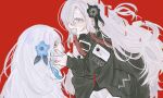  2girls black_coat black_flower blue_flower blue_hair blush coat dress dual_persona expressionless eye_contact faoru_ofuton flower glitch grey_eyes grey_hair hair_flower hair_ornament hair_over_one_eye hands_on_another&#039;s_cheeks hands_on_another&#039;s_face isekai_joucho kamitsubaki_studio long_hair looking_at_another multicolored_hair multiple_girls open_mouth red_background red_eyes red_hair simple_background smile two-tone_hair very_long_hair virtual_youtuber white_dress 