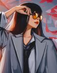  1girl absurdres adjusting_eyewear black_necktie brown_eyes brown_hair closed_mouth d.va_(overwatch) dress_shirt facial_mark glasses grey_jacket highres jacket long_hair looking_to_the_side necktie overwatch red_lips round_eyewear shirt simple_background solo straight_hair suit_jacket sunlight titanartx upper_body whisker_markings white_shirt 