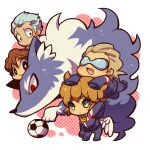  4boys :3 ball blue_pants brown_eyes brown_hair character_request chibi chibi_only dog domon_asuka eyelashes grey_eyes grey_hair ichinose_kazuya inazuma_eleven inazuma_eleven_(series) kidou_yuuto kotorai male_focus minaho_kazuto multiple_boys no_nose open_mouth pants red_eyes sleeves_past_fingers sleeves_past_wrists soccer_ball standing sunglasses wings zipper_pull_tab 