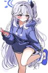  1girl absurdres alternate_costume animal_ears blue_archive blue_eyes blue_halo blue_hoodie blue_sweater blush fake_animal_ears halo highres hood hoodie long_hair miyako_(blue_archive) phone sak_(lemondisk) side_ponytail simple_background solo sweat sweater white_background white_hair 