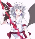  1girl ascot bat_wings blush closed_mouth grey_hair highres kanaria_(bocmn) looking_at_viewer red_ascot red_eyes remilia_scarlet shirt short_hair short_sleeves simple_background solo touhou upper_body white_background white_shirt wings 