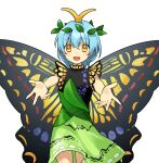  1girl antennae aqua_hair breasts butterfly_wings cowboy_shot dress eternity_larva fairy green_dress hair_between_eyes insect_wings kaigen_1025 leaf leaf_on_head looking_at_viewer multicolored_clothes multicolored_dress open_mouth short_hair short_sleeves simple_background small_breasts smile solo touhou white_background wings yellow_eyes 