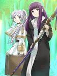  2girls absurdres belt black_robe capelet dated day elf fern_(sousou_no_frieren) frieren gold_trim green_eyes grey_hair highres holding holding_luggage holding_staff holding_suitcase multiple_girls outdoors pointy_ears purple_eyes purple_hair robe shirt skirt sousou_no_frieren staff suitcase white_capelet white_shirt white_skirt y.kami_nao/take 