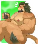  1boy absurdres animal_ears arsalan_(housamo) bara beard blush chest_tuft completely_nude convenient_leg cup facial_hair fang fang_out feet_out_of_frame from_side full_beard furry furry_male highres huge_eyebrows huge_pectorals lion_boy lion_ears m_legs male_focus mature_male medium_hair mug muscular muscular_male nipples notice_lines nude solo strongman_waist thick_beard thick_thighs thighs tokyo_afterschool_summoners weisun_(leoooliooon) 