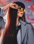  1girl absurdres adjusting_eyewear black_necktie brown_eyes brown_hair closed_mouth d.va_(overwatch) dress_shirt facial_mark glasses grey_jacket highres jacket long_hair looking_to_the_side necktie overwatch red_lips round_eyewear shirt simple_background solo straight_hair suit_jacket sunlight titanartx upper_body whisker_markings white_shirt 