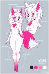 absurd_res anthro bushy_hair canid canine claws female fluffy fox hi_res iskra mammal model_sheet nipples paws pink_body pink_claws pink_nipples slim solo standing tail white_body white_claws yoki