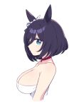  1girl animal_ears bare_shoulders black_hair blue_eyes breasts chan_co choker cleavage commentary ear_ribbon eishin_flash_(umamusume) horse_ears horse_girl large_breasts looking_at_viewer red_choker short_hair simple_background solo umamusume upper_body white_background 