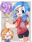  alternate_costume alternate_eye_color alternate_hair_color blue_eyes blue_hair blush eromame fang green_eyes inkling_(language) long_hair looking_at_viewer multicolored_hair octoling_girl octoling_player_character open_mouth orange_hair purple_hair shirt shorts simple_background smile splatoon_(series) splatoon_3 t-shirt tentacle_hair thumbs_up two-tone_hair 
