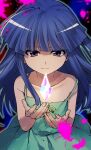  1girl bare_shoulders blood blood_splatter blue_hair blunt_bangs collarbone commentary_request dress flat_chest furude_rika green_dress highres higurashi_no_naku_koro_ni hime_cut kakera long_hair looking_at_viewer medium_bangs ookuri3939 pink_blood purple_eyes ribbon serious sleeveless sleeveless_dress solo yellow_ribbon 