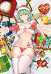  1girl absurdres belt bikini box breasts bridal_gauntlets christmas christmas_ornaments cleavage commentary fur-trimmed_headwear fur_collar fur_trim gift gift_box green_hair hat highres hikage_(senran_kagura) hip_tattoo large_breasts light_blush looking_at_viewer medium_hair merry_christmas on_bed reaching reaching_towards_viewer red_bridal_gauntlets ribbon santa_bikini santa_costume santa_hat senran_kagura slit_pupils snake_tattoo solo star_balloon swimsuit tattoo thighhighs underboob yellow_eyes zib_(boriku) 