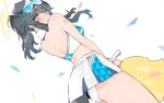  1girl animal_ears ass black_hair blue_archive blush confetti dog_ears dog_tail goggles goggles_on_head goshiki_suzu halo hibiki_(blue_archive) hibiki_(cheer_squad)_(blue_archive) holding holding_pom_poms looking_at_viewer looking_back median_furrow miniskirt official_alternate_costume panties pleated_skirt pom_pom_(cheerleading) ponytail sidelocks skirt solo sports_bra tail tail_under_clothes two-tone_sports_bra underwear white_panties 