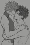  2boys adam&#039;s_apple ahoge belial_(granblue_fantasy) english_commentary eye_contact from_side granblue_fantasy greyscale hair_between_eyes hand_on_another&#039;s_chin highres hihazuki hug imminent_kiss looking_at_another male_focus messy_hair monochrome multiple_boys muscular muscular_male profile sandalphon_(granblue_fantasy) sitting sitting_on_lap sitting_on_person size_difference sketch sleeveless sleeveless_turtleneck smile turtleneck undercut yaoi 
