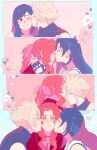  1boy 2girls :3 aerith_gainsborough bisexual_female black_hair blonde_hair blush bow braid braided_ponytail brown_hair cloud_strife double_cheek_kiss final_fantasy final_fantasy_vii final_fantasy_vii_remake hair_bow highres kiss kissing_cheek kissing_forehead kissing_nose multiple_girls pink_bow shea.parfait smile spiked_hair tifa_lockhart upper_body 