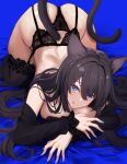  1girl :p all_fours animal_ears ass bare_shoulders black_garter_belt black_garter_straps black_hair black_thighhighs blue_background blue_eyes blue_nails blush breasts cat_ears cat_girl cat_tail closed_mouth commentary detached_sleeves garter_belt garter_straps highres large_breasts long_sleeves looking_at_viewer mole mole_on_ass nail_polish original simple_background smile solo symbol-only_commentary tail thighhighs thighs tongue tongue_out untue 
