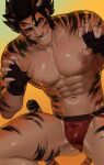  1boy abs absurdres animal_ears bara black_eyes black_hair bulge commentary facial_mark fingernails grin halftone halftone_background highres lacryboy male_focus male_swimwear muscular muscular_male original paw_pose sharp_fingernails smile solo swim_briefs tail tiger_boy tiger_ears tiger_stripes tiger_tail 