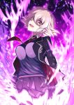 1girl breasts fate/grand_order fate_(series) fire grey_hair highres jacket jeanne_d&#039;arc_alter_(avenger)_(fate) jeanne_d&#039;arc_alter_(fate) large_breasts looking_at_viewer necktie open_mouth purple_fire sakura_tsubame school_uniform shaded_face short_hair skirt smile solo thighs yellow_eyes 