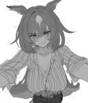  1girl animal_ears belt blush breasts cleavage collared_shirt cowboy_shot ear_ornament greyscale heart highres horse_ears horse_girl horse_tail large_breasts long_hair long_sleeves looking_at_viewer mmm_(mmm623) monochrome multicolored_hair pants partially_unbuttoned shirt simple_background sirius_symboli_(umamusume) sleeves_rolled_up smile solo streaked_hair striped_clothes striped_shirt tail twitter_username umamusume vertical-striped_clothes vertical-striped_shirt very_long_hair white_background 