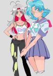  2girls clothes earrings green_eyes green_hair grey_hair jewelry multiple_girls non-web_source original yo-co 