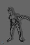 bottomwear clothing dinosaur dromaeosaurid drqube feathered_dinosaur feathers female hi_res raised_tail reptile scalie shorts solo solo_focus solo_in_panel striped_body stripes tail theropod