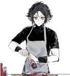  1boy apron arknights black_hair black_shirt black_wristband chinese_commentary closed_mouth commentary_request cooking cowboy_shot grey_apron grey_eyes highres holding looking_down male_focus partially_colored pointy_ears shi_ai_yu_zhengyi_a shirt short_hair short_sleeves simple_background sketch solo standing sweatdrop watermark weibo_logo white_background wristband zuo_le_(arknights) 