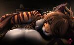 anthro bed breasts digital_media_(artwork) duo felid female fera_(xfera) flora_(twokinds) fur furniture keidran lying male male/female mammal on_bed pantherine simple_background striped_body stripes text tiger tuft twokinds under_covers yttrium_(artist)