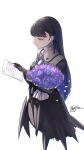  black_dress black_hair blue_hair blue_ribbon bouquet colored_inner_hair commentary_request dress earrings flower flower_request gradient_hair hair_ribbon high_collar highres holding holding_bouquet holding_letter jewelry letter long_hair long_sleeves mechanical_hands mechanical_parts multicolored_hair punishing:_gray_raven purple_eyes purple_flower ribbon selena:_tempest_(punishing:_gray_raven) selena_(punishing:_gray_raven) signature 