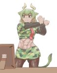  &gt;:) 0x0082 1girl abs animal_ears arm_up aurochs_(kemono_friends) breast_pocket brown_eyes brown_hair brown_pantyhose camouflage camouflage_shirt camouflage_skirt closed_mouth collared_shirt cow_ears cow_girl cow_horns cow_tail cowboy_shot cropped_shirt dark-skinned_female dark_skin empty_eyes extra_ears green_hair hand_up horizontal_pupils horns kemono_friends layered_sleeves long_sleeves looking_at_object medium_hair microskirt midriff multicolored_hair muscular muscular_female navel necktie outstretched_arm pantyhose picture_frame pocket red_necktie shirt short_over_long_sleeves short_sleeves simple_background skirt smile solo stomach stretching tail twisted_torso v-shaped_eyebrows white_background wing_collar 