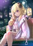  1girl absurdres ahoge animal_ears blonde_hair blue_nails blush cropped_shirt cup disposable_cup drinking_straw drinking_straw_in_mouth hair_ornament hairpin hand_on_bench highres holding holding_cup hololive horns jacket long_hair looking_at_viewer nail_polish nanakusa_ayame official_alternate_costume on_bench pink_jacket purple_eyes sheep_ears sheep_girl sheep_horns shirt tsunomaki_watame tsunomaki_watame_(8th_costume) virtual_youtuber white_shirt 