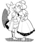  2girls arm_cannon blush bow breasts closed_mouth commentary commission english_commentary from_side full_body greyscale hair_bow hair_ornament kevin_arthur large_breasts leaf_hair_ornament long_hair mirror monochrome multiple_girls open_mouth reiuji_utsuho shirt short_hair short_sleeves skirt standing third_eye touhou weapon wings yasaka_kanako 